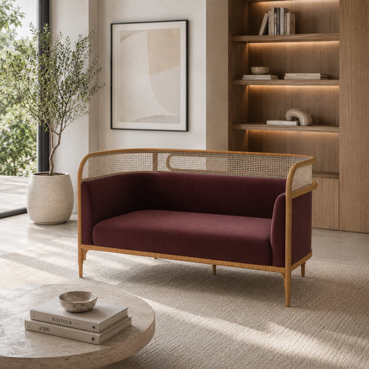 Burgundy Upholstered Sofa with Natural Wood Cane Frame 3D Model 2