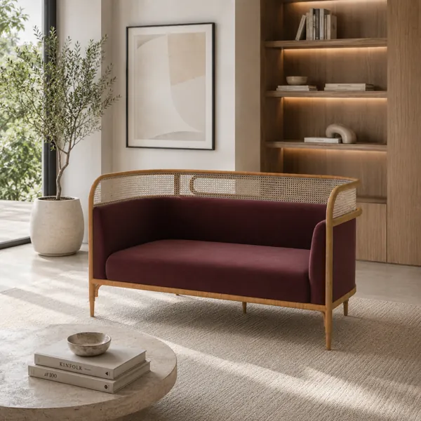 Burgundy Upholstered Sofa with Natural Wood Cane Frame 3D Model back