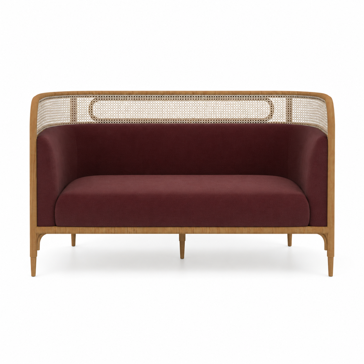 Burgundy Upholstered Sofa with Natural Wood Cane Frame 3D Model 3