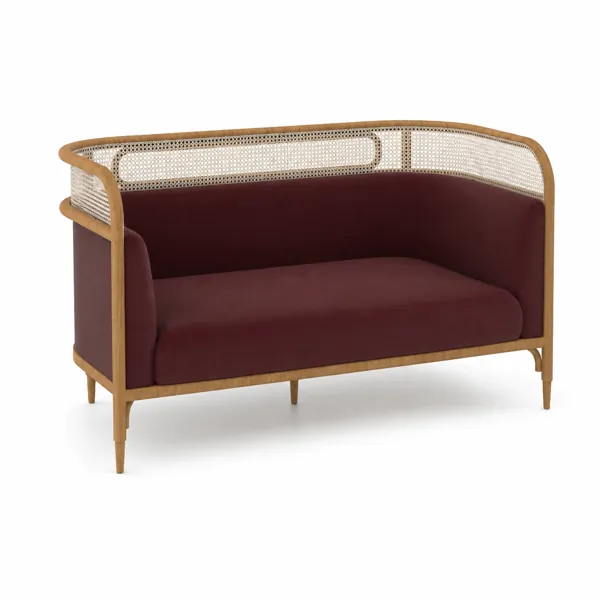 Burgundy Upholstered Sofa with Natural Wood Cane Frame 3D Model