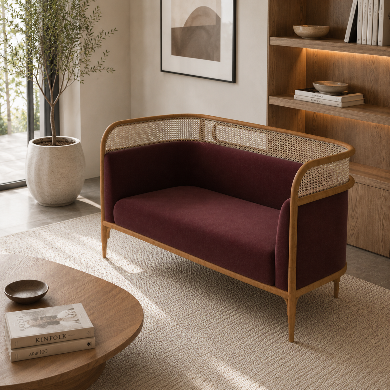 Burgundy Upholstered Sofa with Natural Wood Cane Frame 3D Model 4