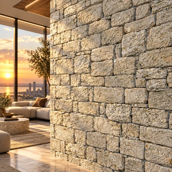 Weathered Pale Beige Rough Cut Stone Block Wall Texture back