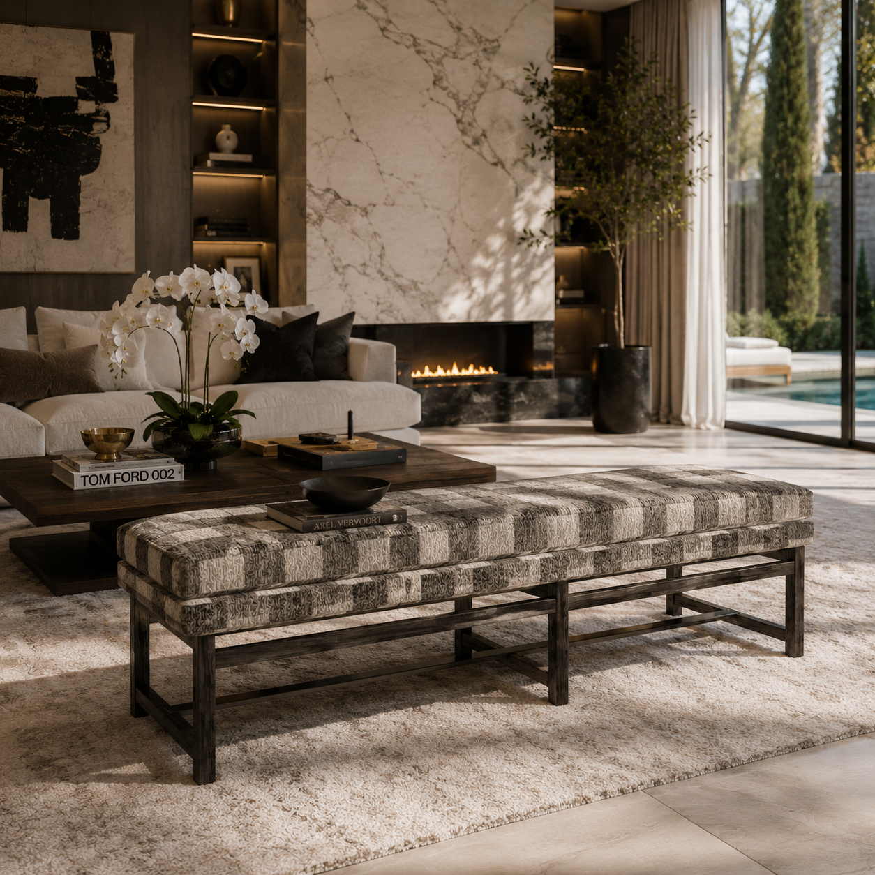 Striped Upholstered Bench – Grey White Fabric with Dark Wood Frame 3D Model 4