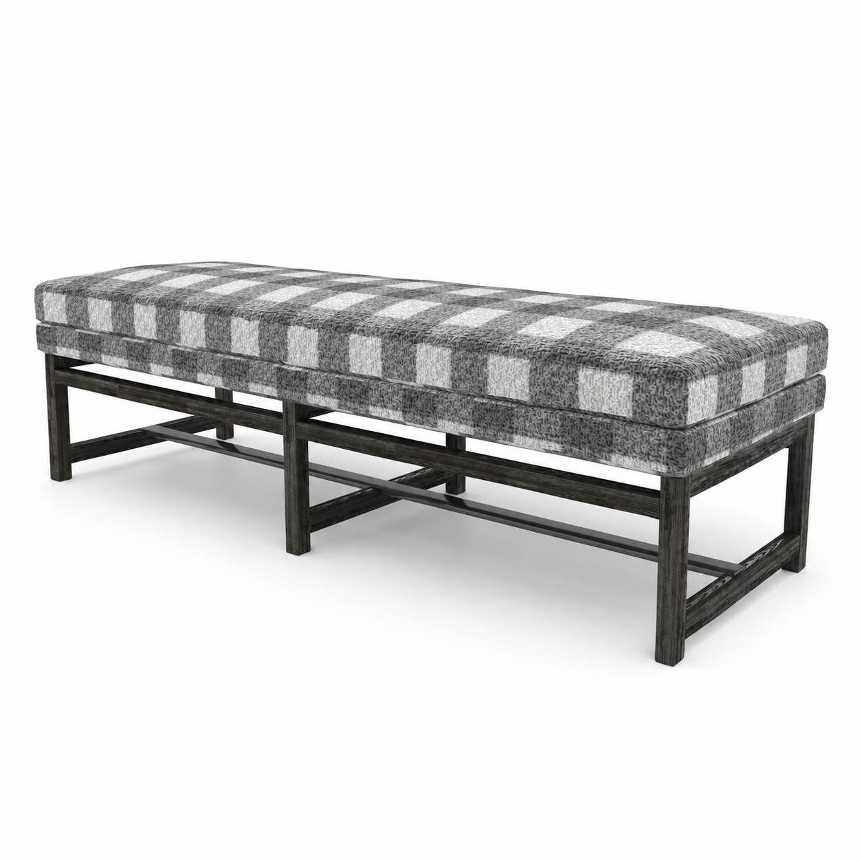 Striped Upholstered Bench – Grey White Fabric with Dark Wood Frame 3D Model 3