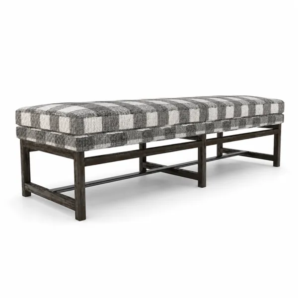 Striped Upholstered Bench – Grey White Fabric with Dark Wood Frame 3D Model