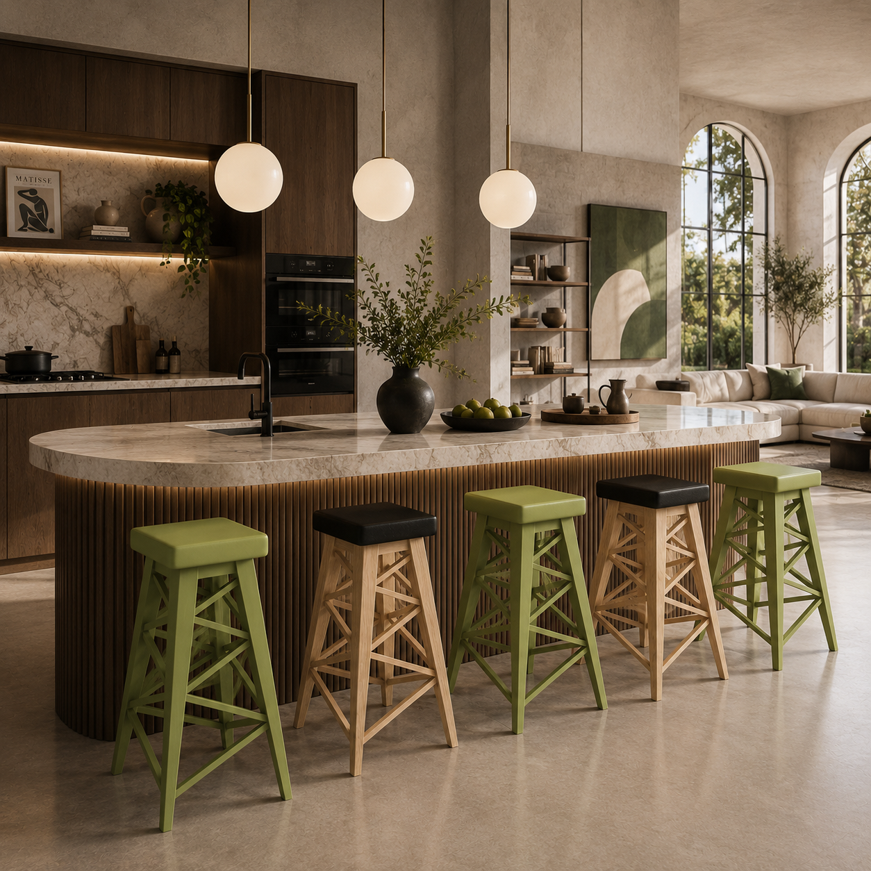 Olive Green & Natural Wood Cross-Braced Bar Stool Set 3D Model 4