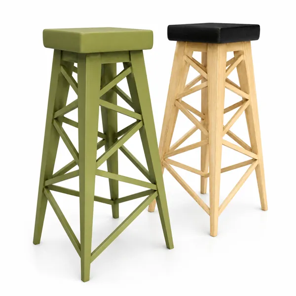Olive Green & Natural Wood Cross-Braced Bar Stool Set 3D Model