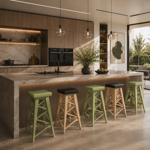 Olive Green & Natural Wood Cross-Braced Bar Stool Set 3D Model back