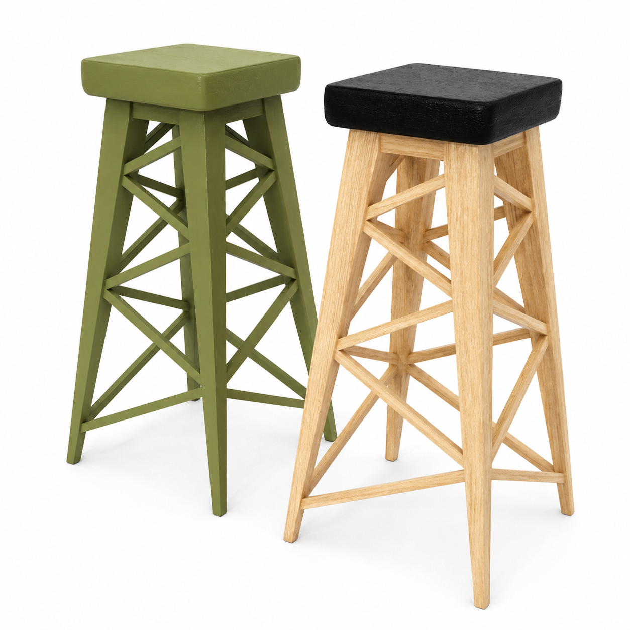 Olive Green & Natural Wood Cross-Braced Bar Stool Set 3D Model 3