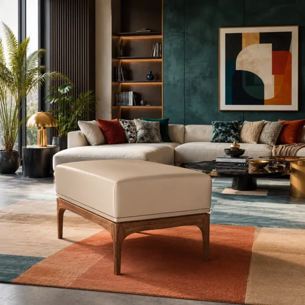 Beige Upholstered Bench – Walnut Frame with Arched Legs 3D Model back