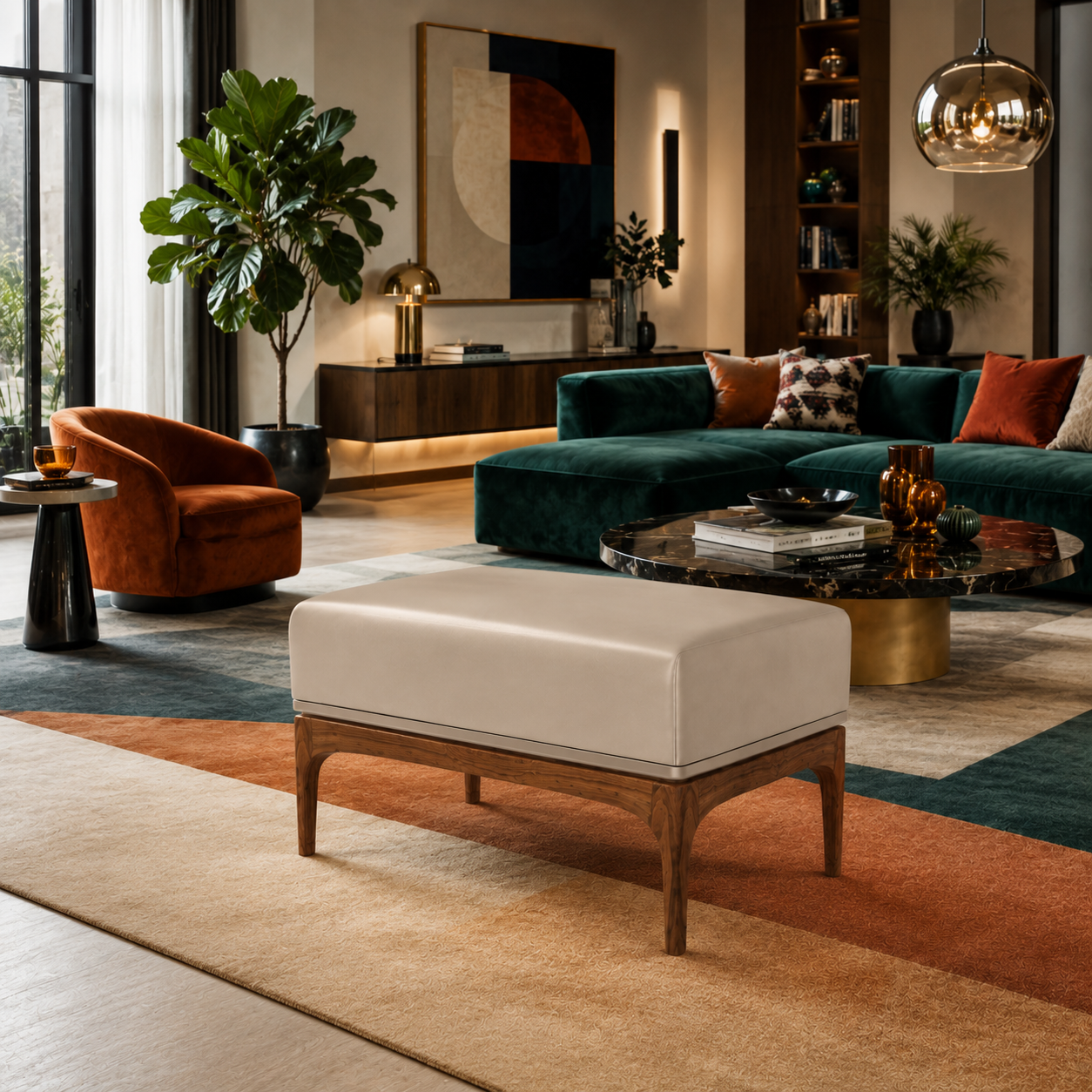 Beige Upholstered Bench – Walnut Frame with Arched Legs 3D Model 4