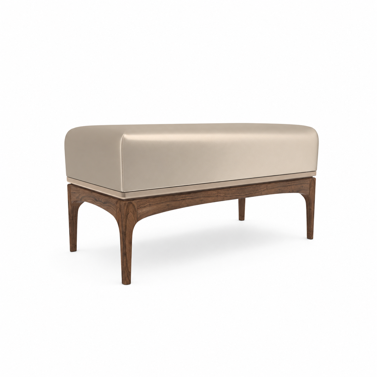 Beige Upholstered Bench – Walnut Frame with Arched Legs 3D Model 1