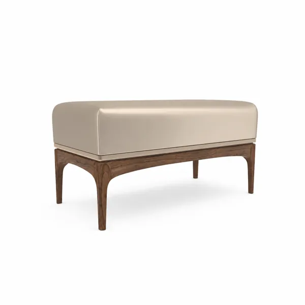 Beige Upholstered Bench – Walnut Frame with Arched Legs 3D Model