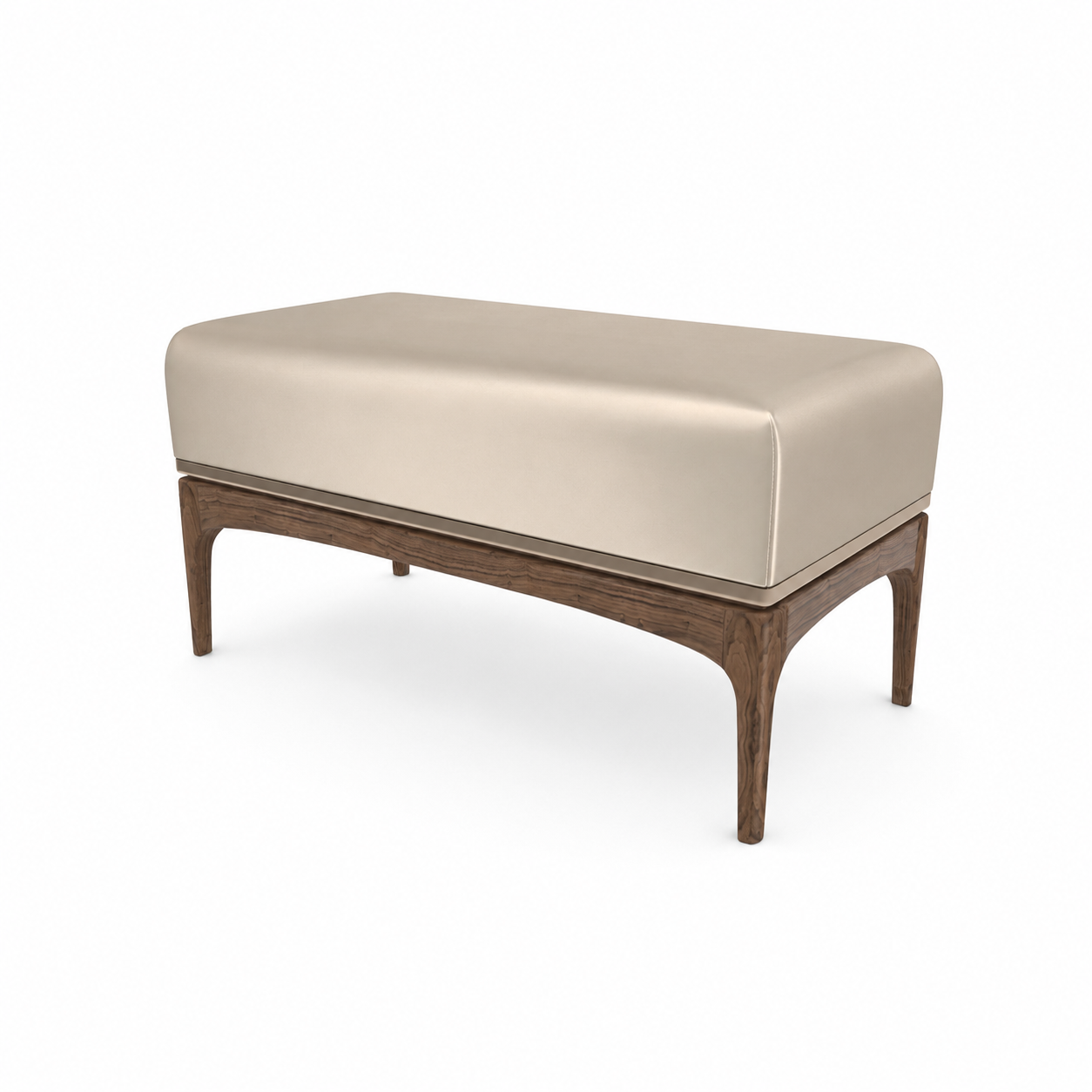 Beige Upholstered Bench – Walnut Frame with Arched Legs 3D Model 3