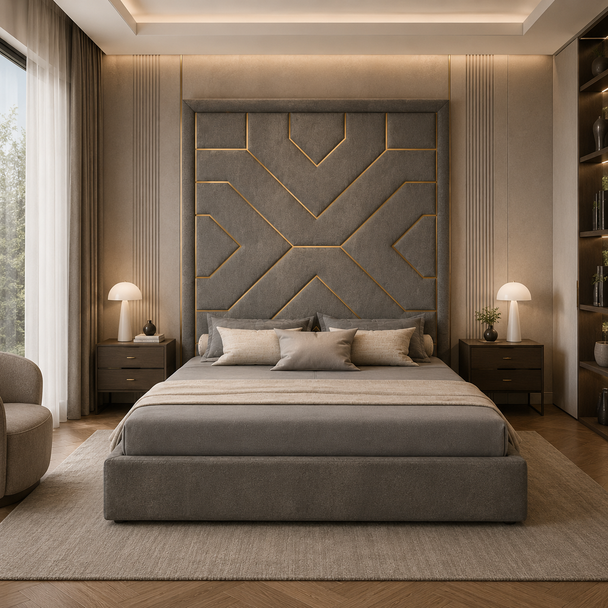 Geometric Gold Inlay Gray Bed 3D Model 4