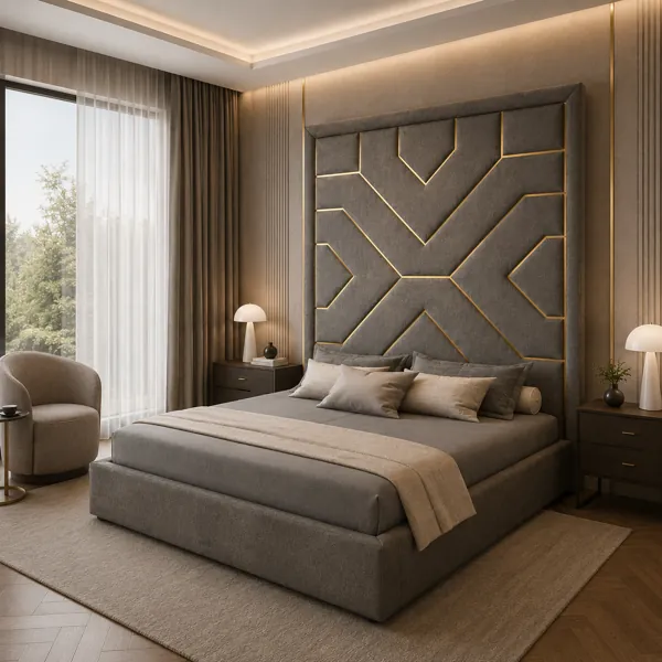 Geometric Gold Inlay Gray Bed 3D Model back