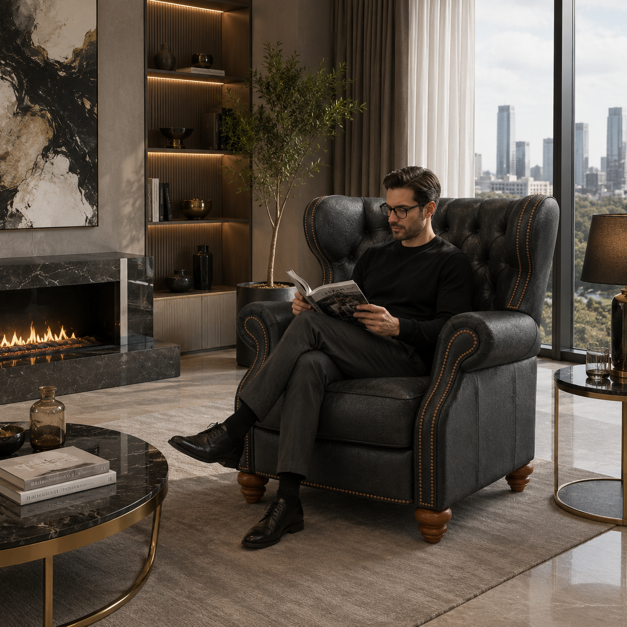 Black Tufted Leather Wingback Armchair – Nailhead Trim 3D Model 4