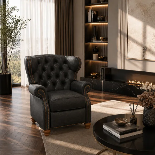 Black Tufted Leather Wingback Armchair – Nailhead Trim 3D Model back