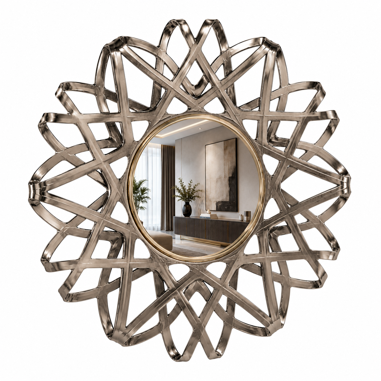 Round Wall Mirror – Sculptural Interlaced Metal Frame