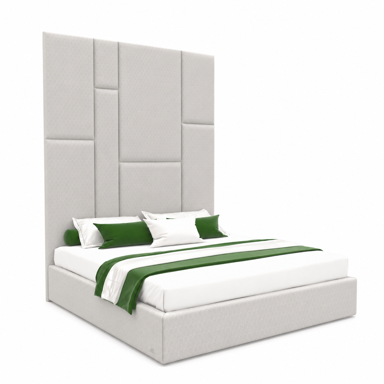 Modern Upholstered Bed – Tall Panel Headboard with Green Accents 3D Model 1