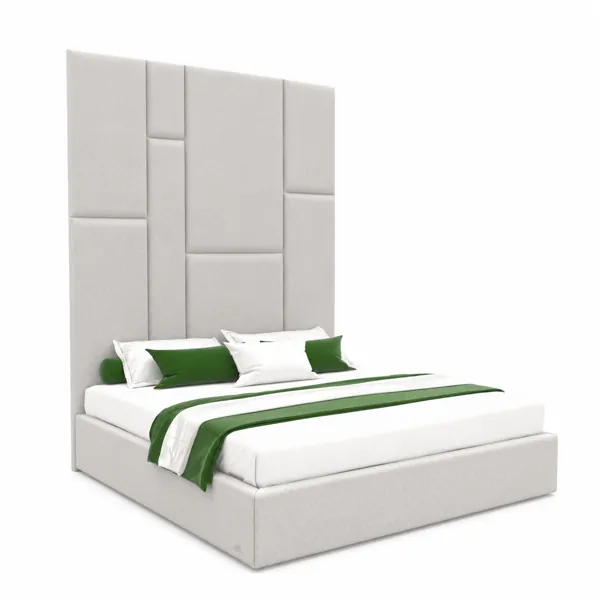 Modern Upholstered Bed – Tall Panel Headboard with Green Accents 3D Model