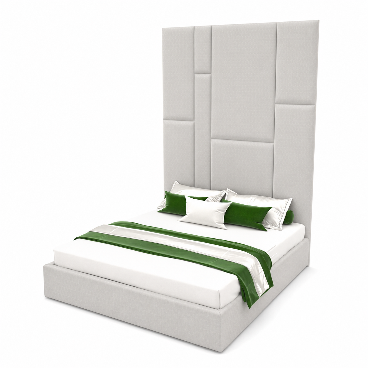 Modern Upholstered Bed – Tall Panel Headboard with Green Accents 3D Model 3