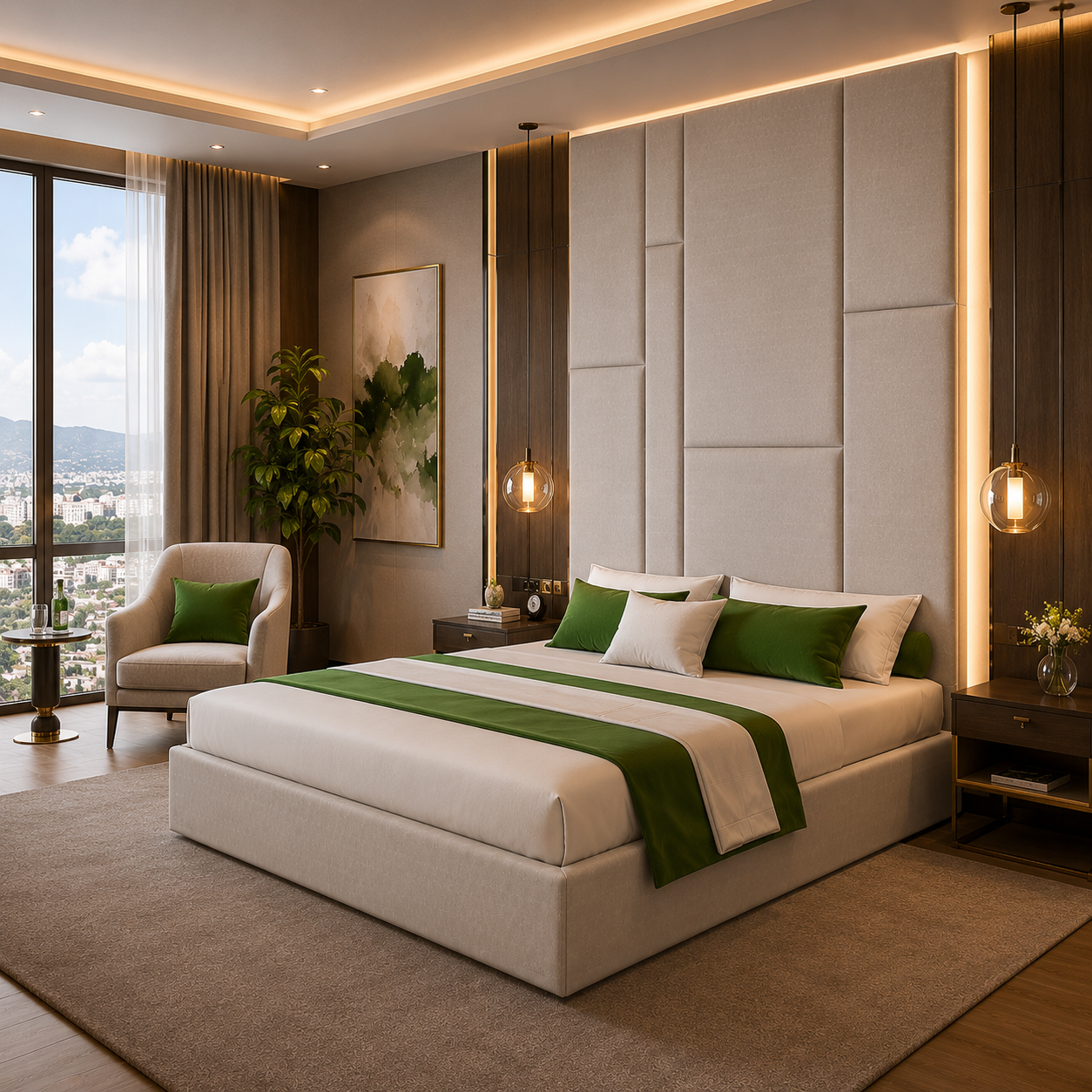 Modern Upholstered Bed – Tall Panel Headboard with Green Accents 3D Model 4