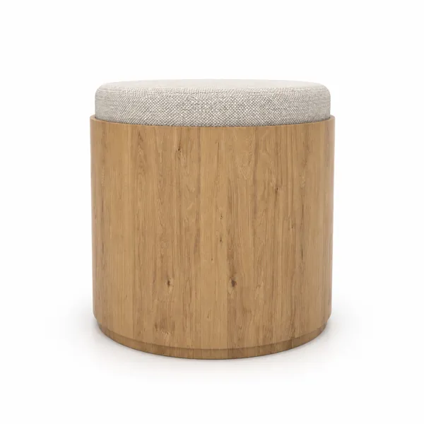 Round Wood Stool – Beige Textured Cushion 3D Model