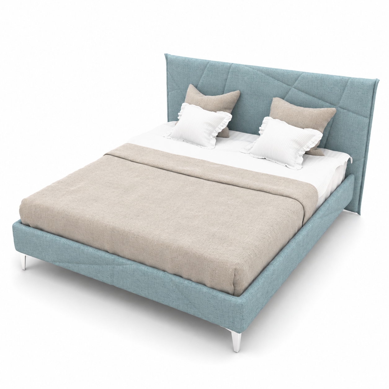Powder Blue Geometric-Panel Upholstered Bed 3D Model 3