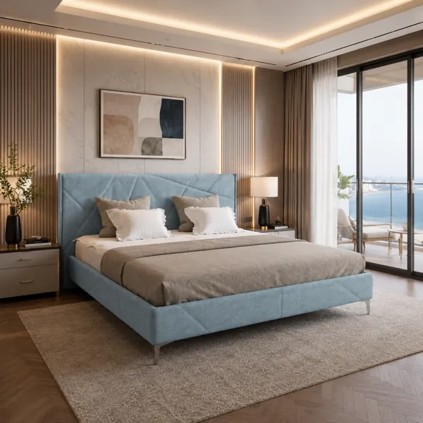Powder Blue Geometric-Panel Upholstered Bed 3D Model back