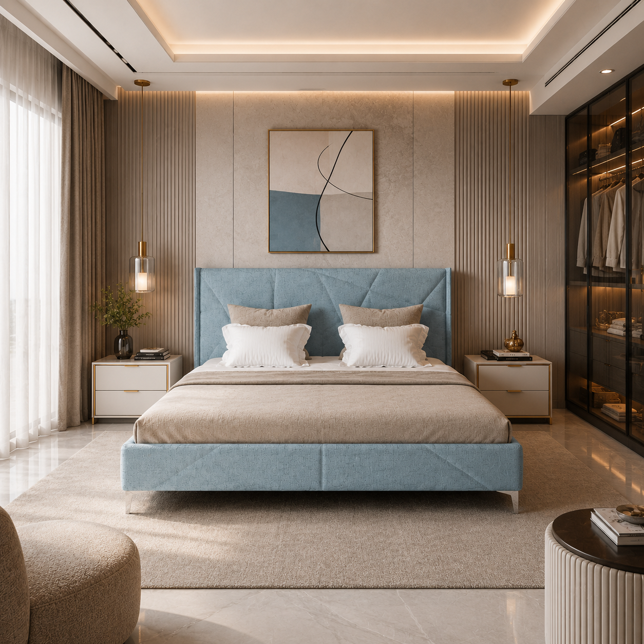 Powder Blue Geometric-Panel Upholstered Bed 3D Model 4