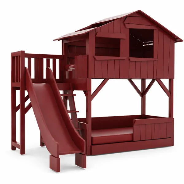 Burgundy Wooden Loft House Bed with Slide & Lower Daybed 3D Model
