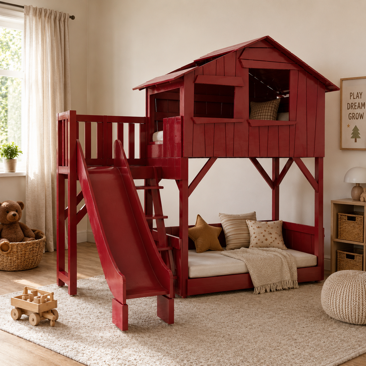 Burgundy Wooden Loft House Bed with Slide & Lower Daybed 3D Model 2