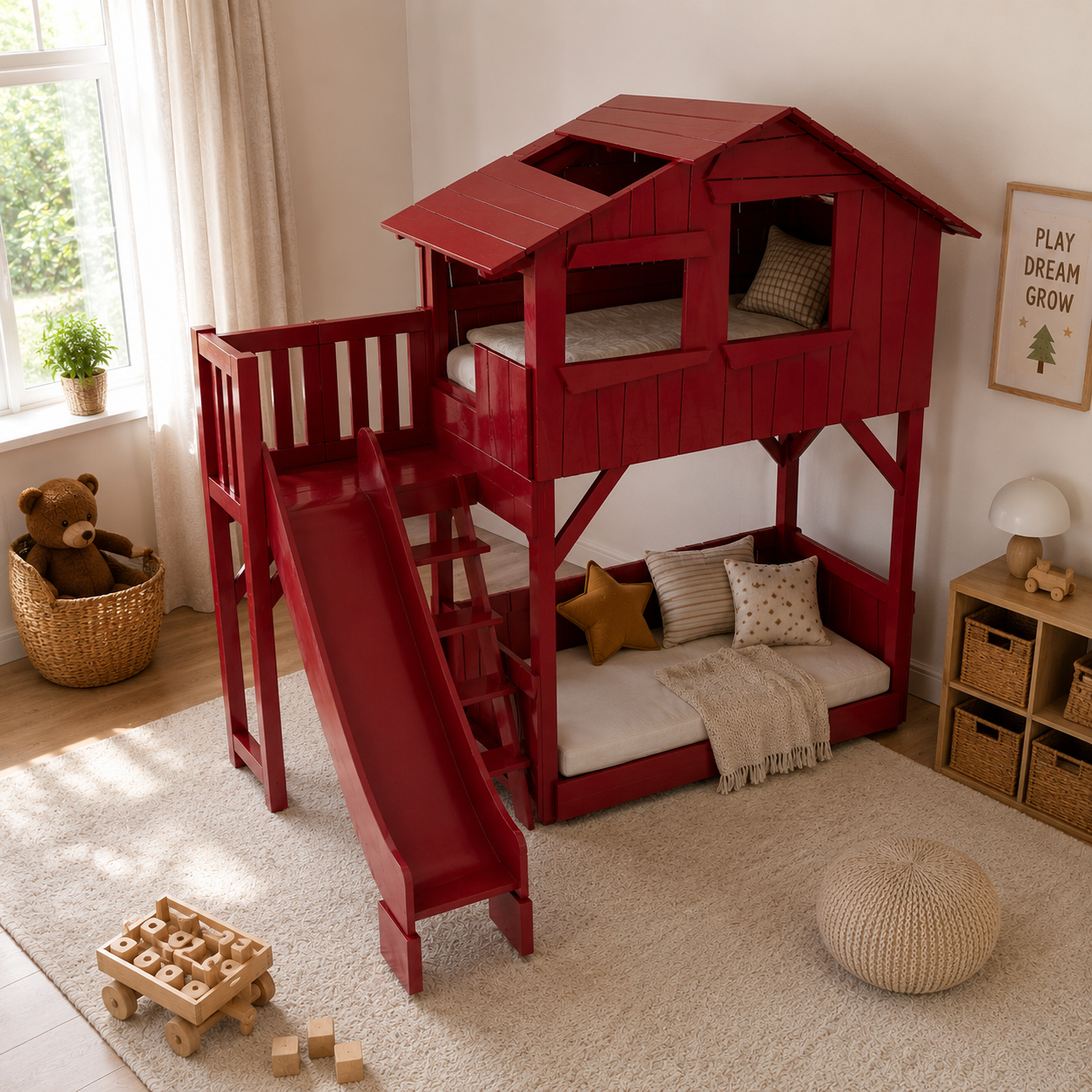 Burgundy Wooden Loft House Bed with Slide & Lower Daybed 3D Model 3