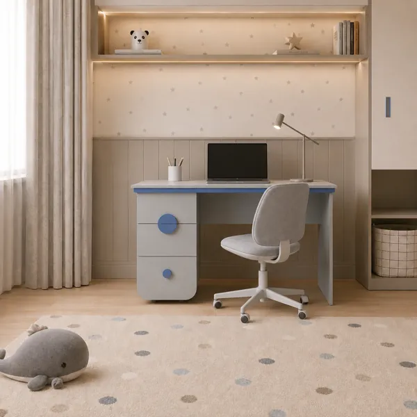 Gray Kids Desk with Blue Circular Pulls 3D Model back
