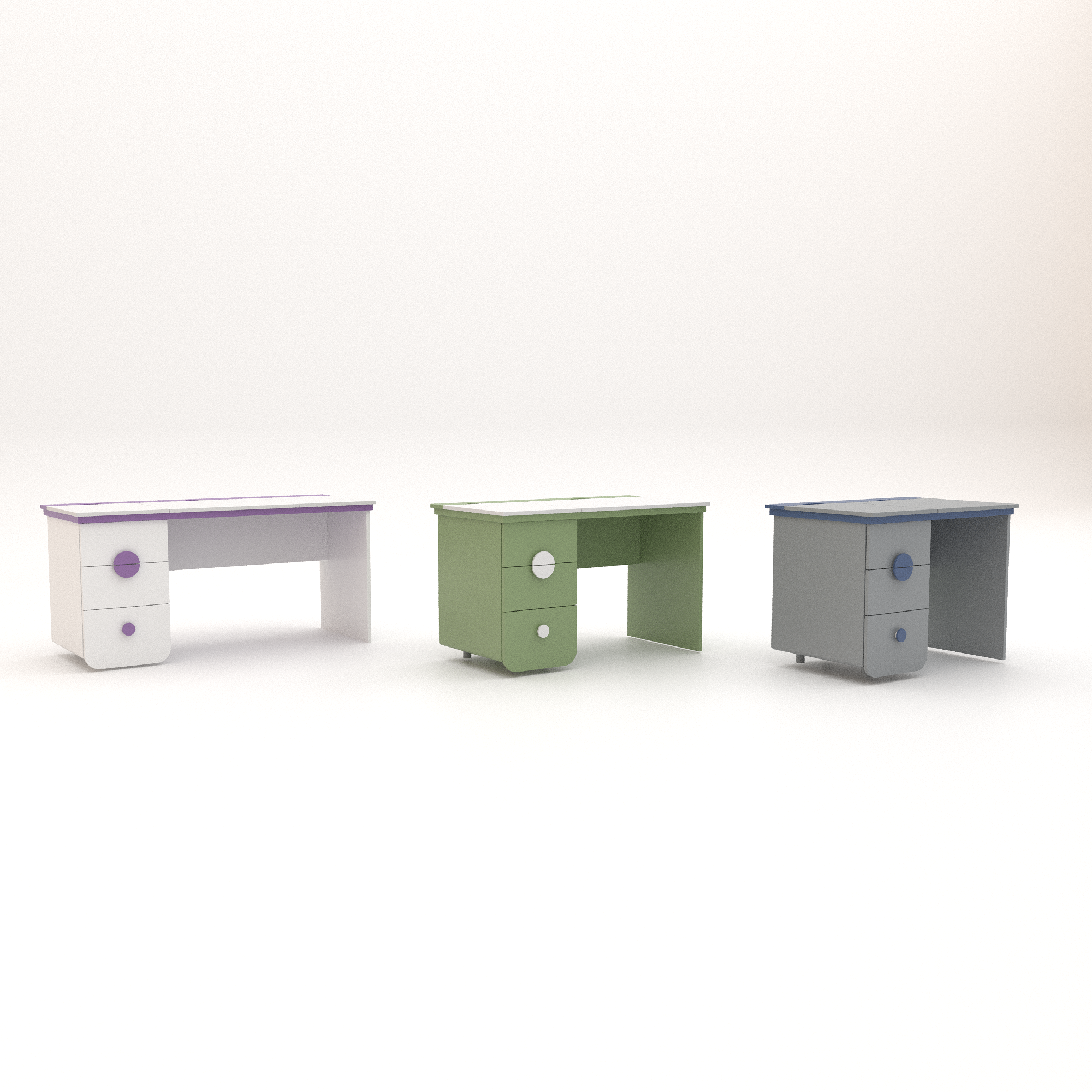 Gray Kids Desk with Blue Circular Pulls 3D Model 3