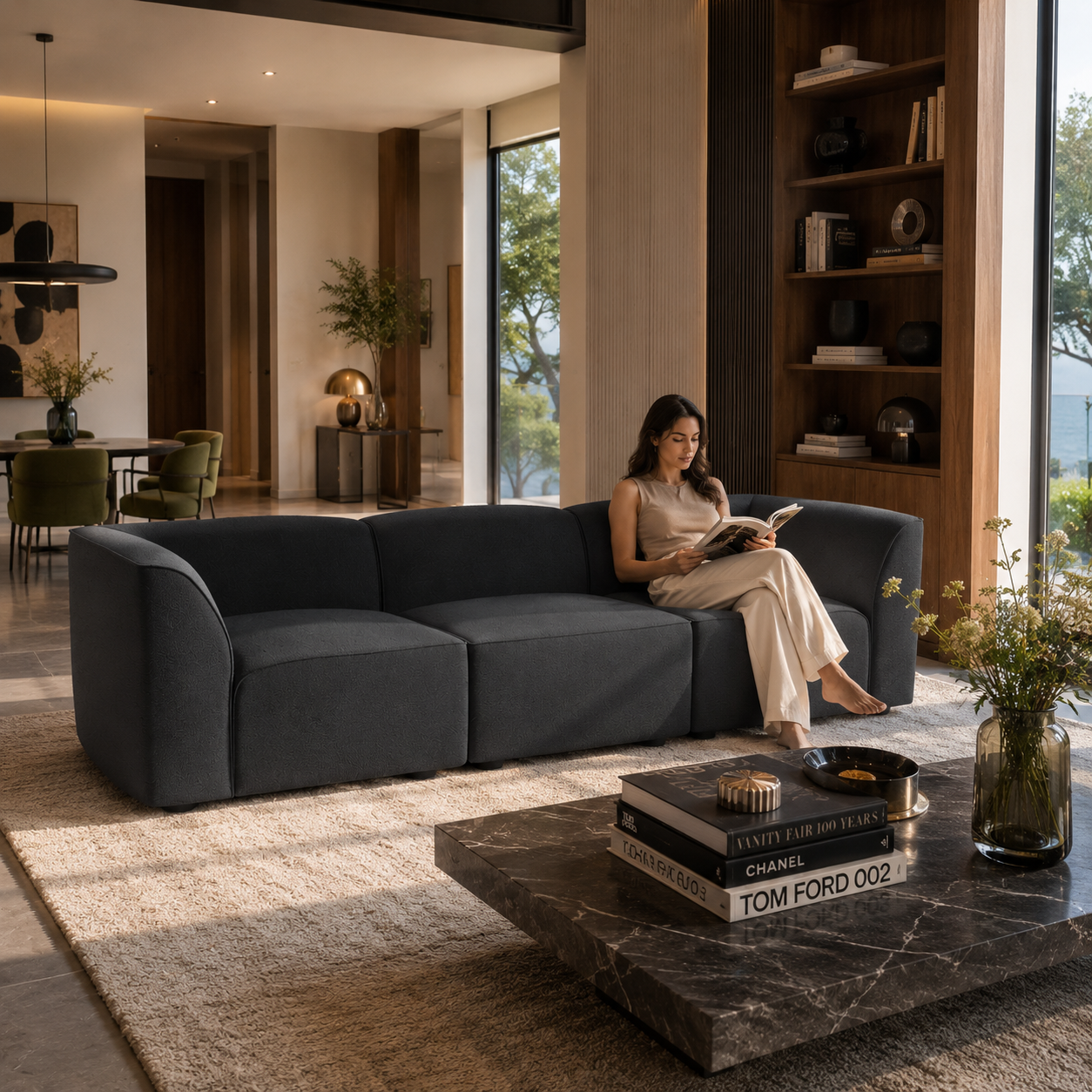Charcoal Gray Curved Velvet Sofa – Rounded Modular Form 3D Model 4