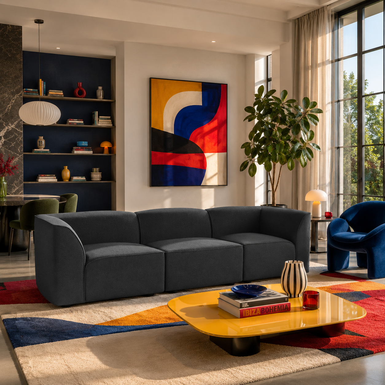 Charcoal Gray Curved Velvet Sofa – Rounded Modular Form 3D Model 2