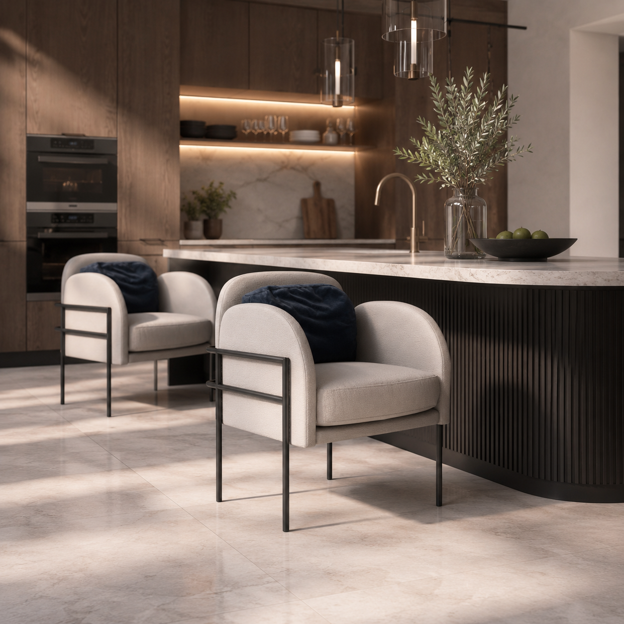 Light Grey Barrel Armchair with Navy Back Cushion 3D Model 2