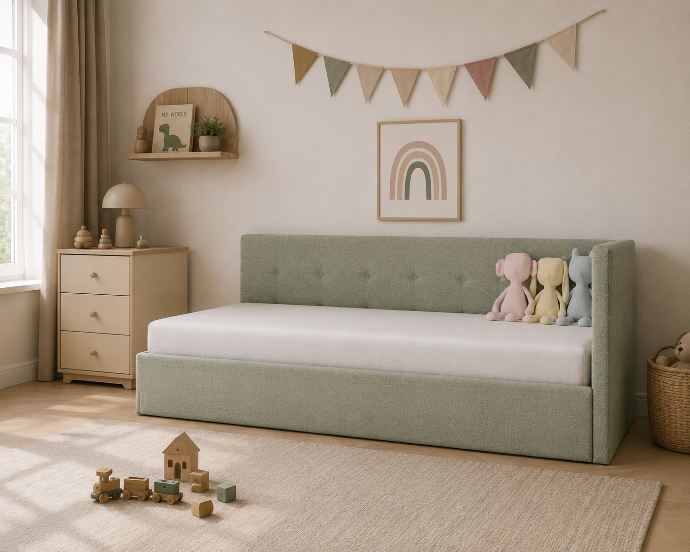 Modern Kids Daybed – Sage Green Tufted Back 3D Model 4