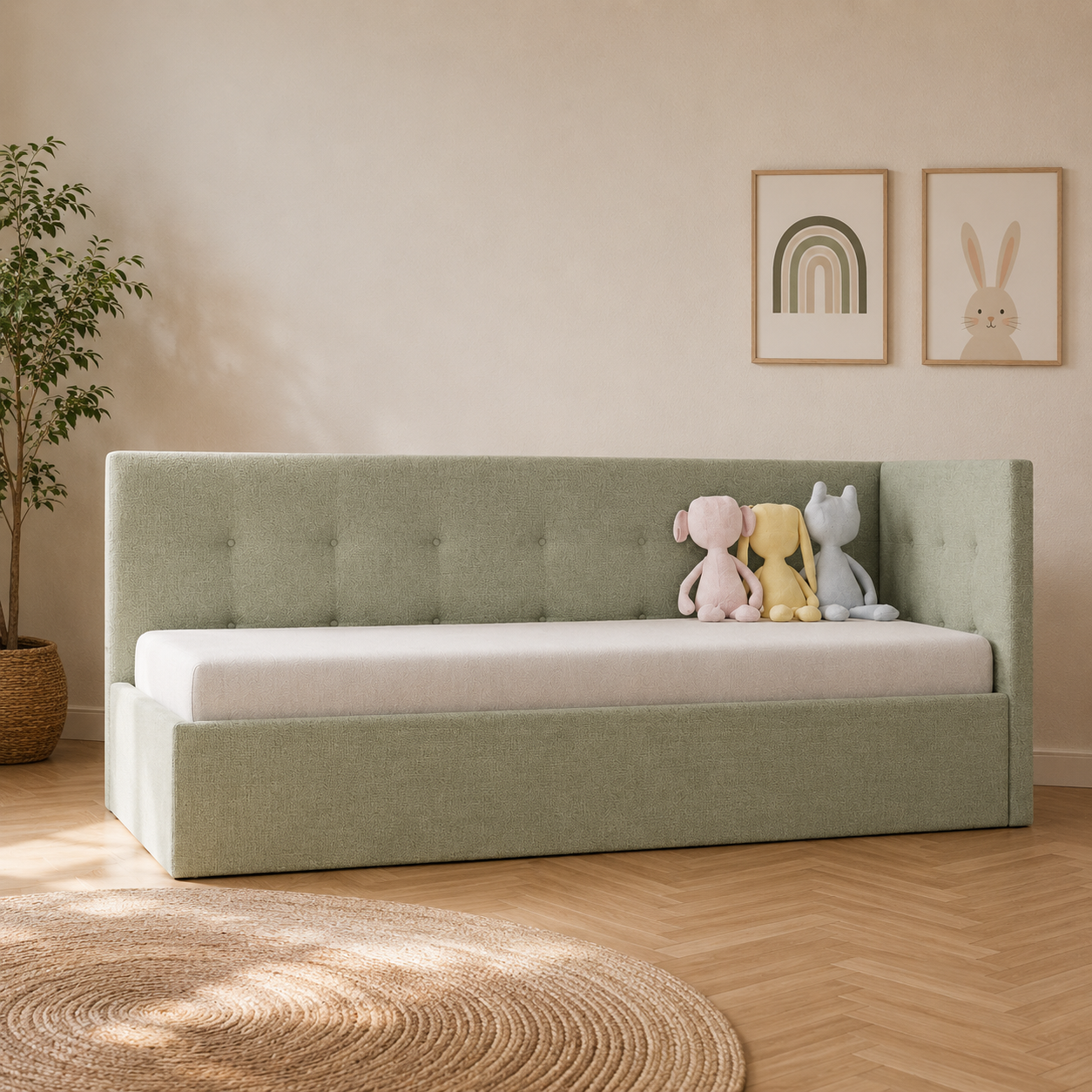 Modern Kids Daybed – Sage Green Tufted Back 3D Model 2