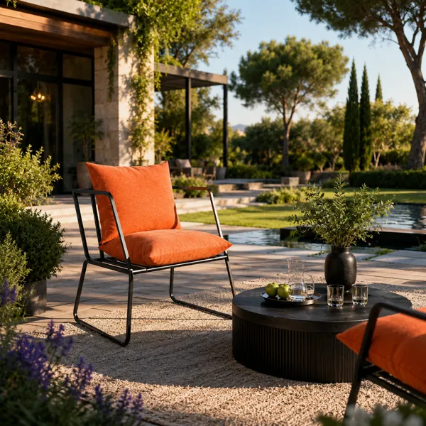 Orange Cushion Armchair with Navy Metal Frame 3D Model back
