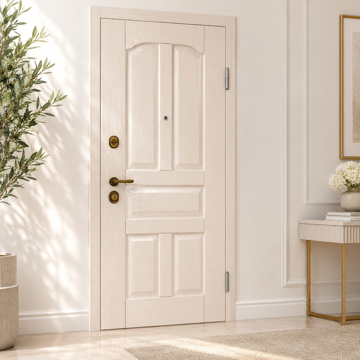 Classic Paneled Wood Door – Warm Ivory with Antique Brass Hardware 3D Model 2
