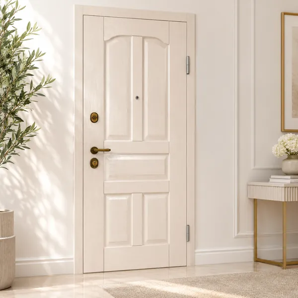 Classic Paneled Wood Door – Warm Ivory with Antique Brass Hardware 3D Model back