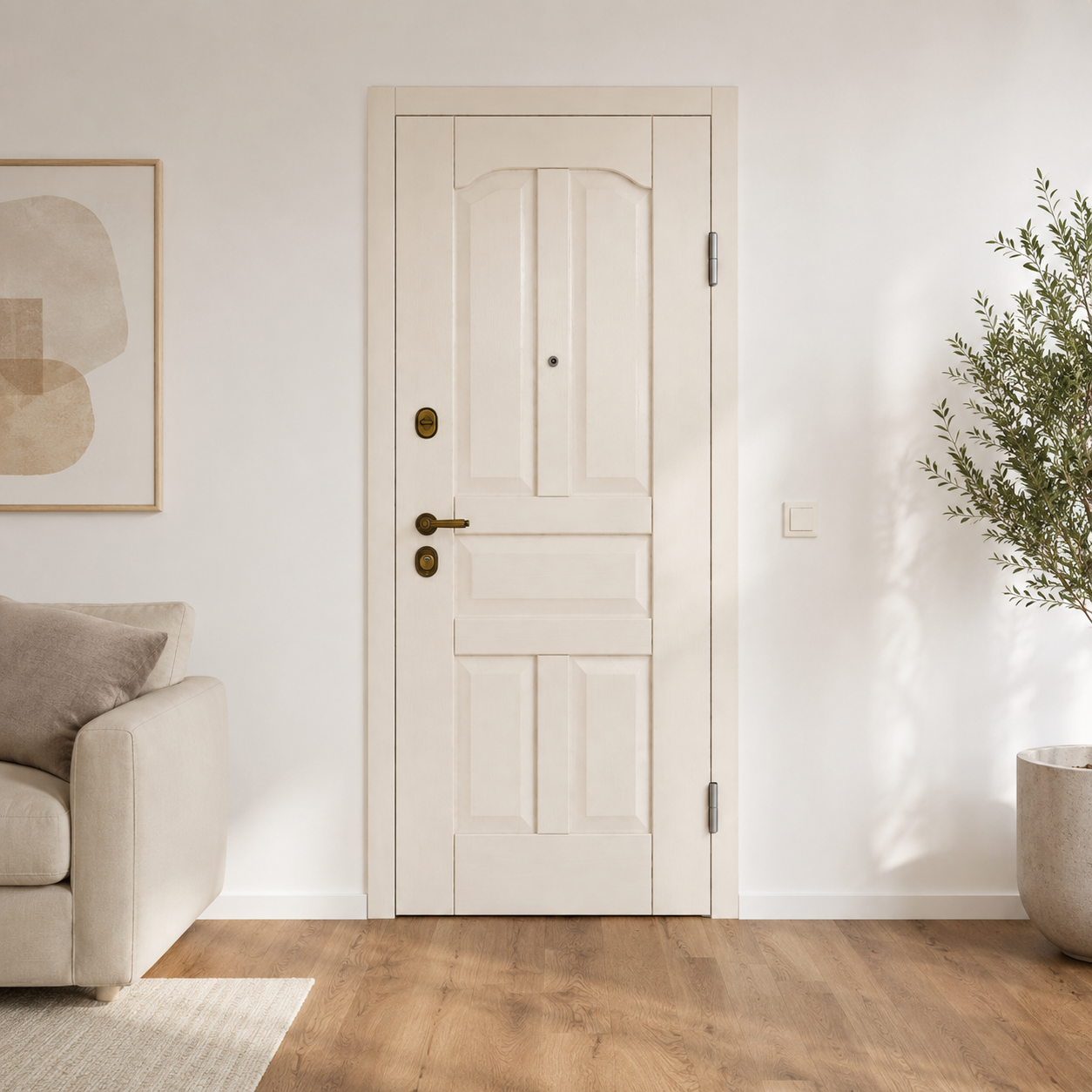 Classic Paneled Wood Door – Warm Ivory with Antique Brass Hardware 3D Model 3