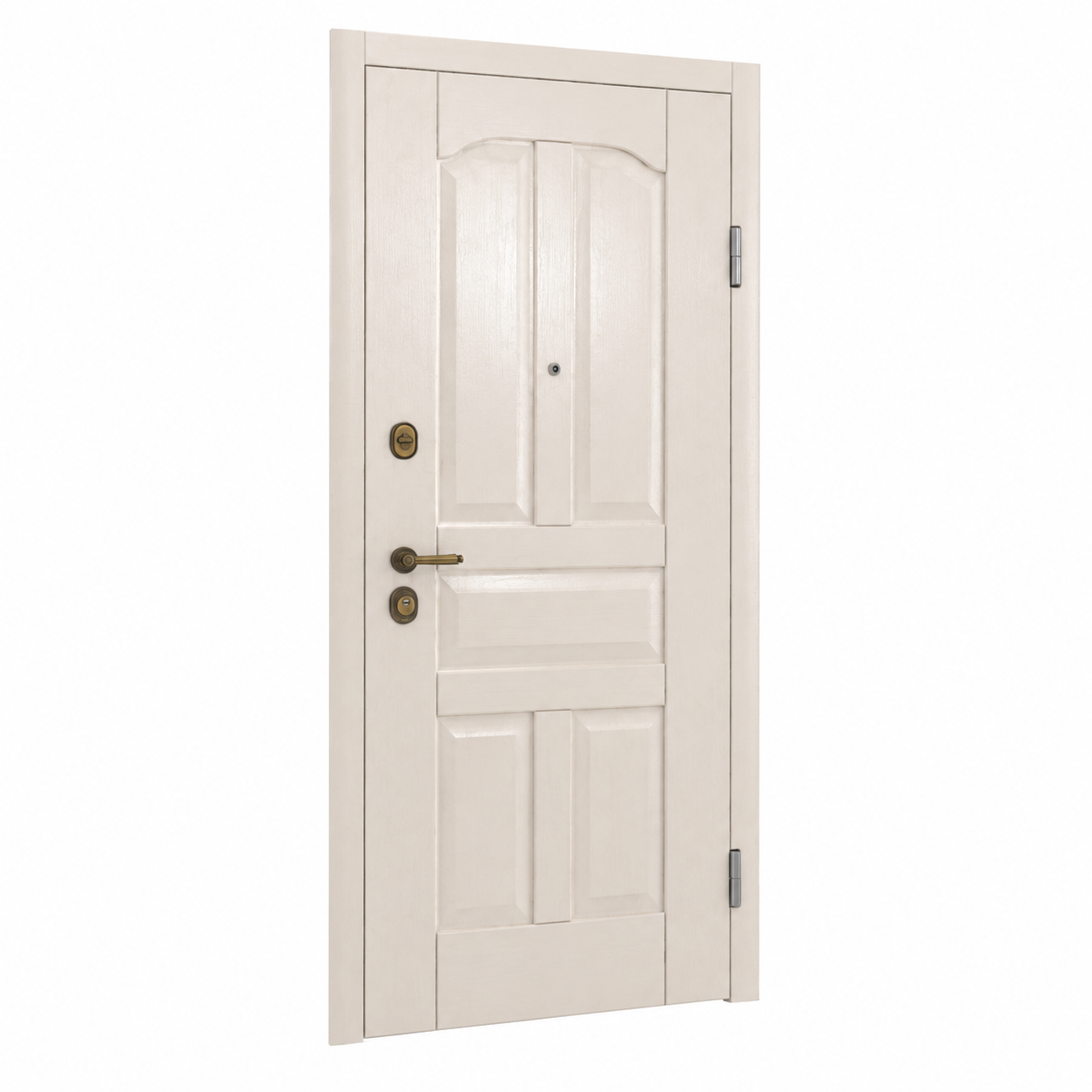 Classic Paneled Wood Door – Warm Ivory with Antique Brass Hardware 3D Model 1