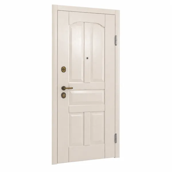 Classic Paneled Wood Door – Warm Ivory with Antique Brass Hardware 3D Model