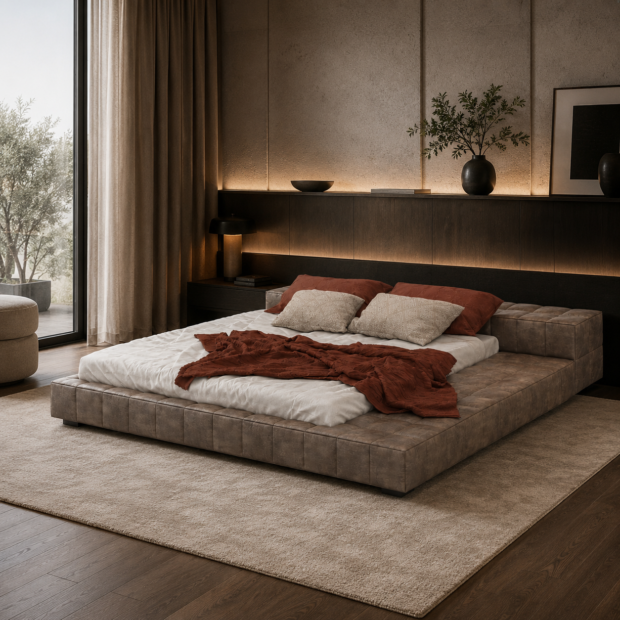 Taupe Leather Platform Bed – Block Frame 3D Model 4