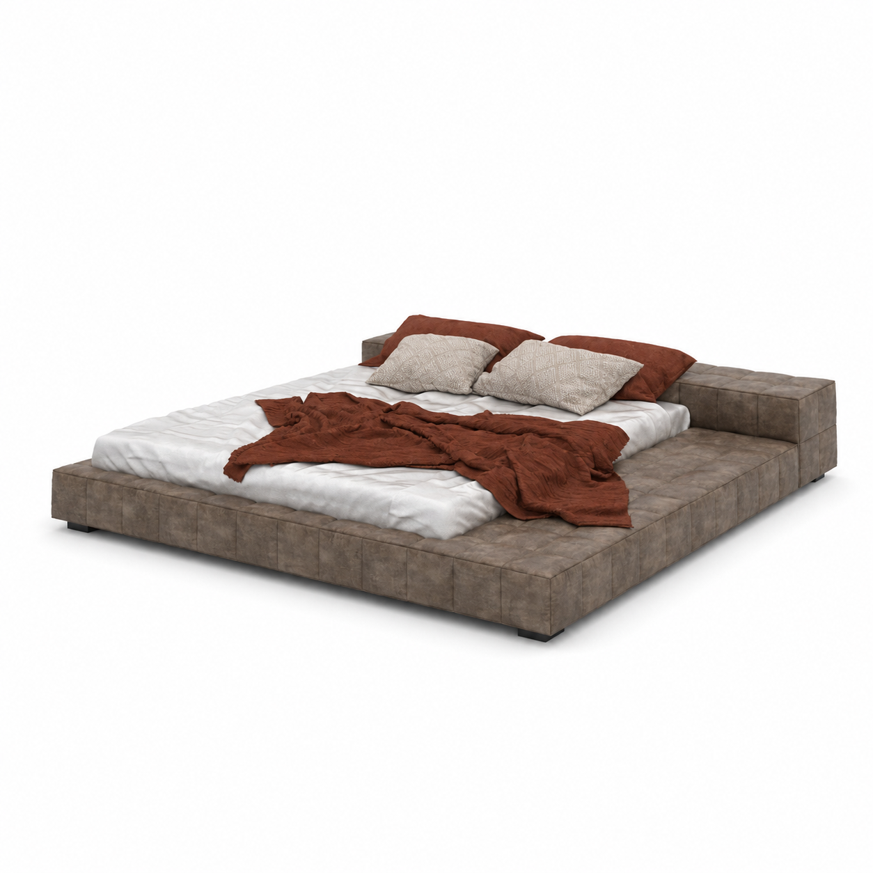 Taupe Leather Platform Bed – Block Frame 3D Model 3