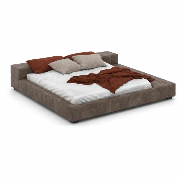 Taupe Leather Platform Bed – Block Frame 3D Model